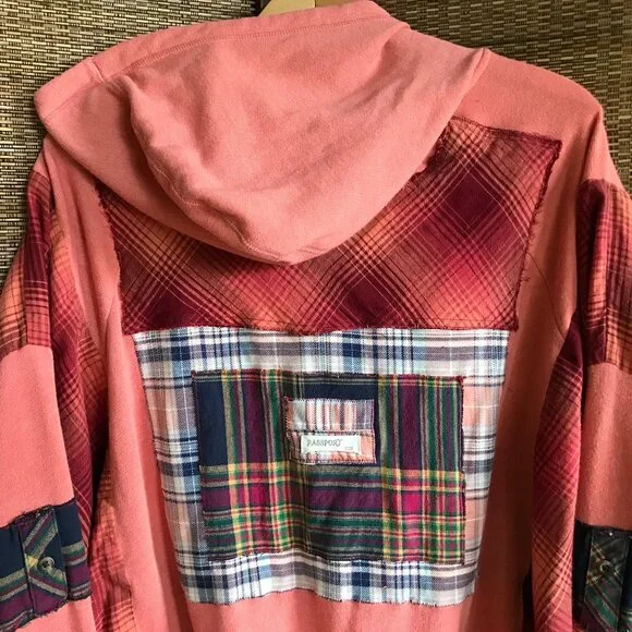 Coral Patchwork Upcycled Hoodie, Size M-L: Boho Cottagecore Zip-Up Jacket - Picture 15 of 15